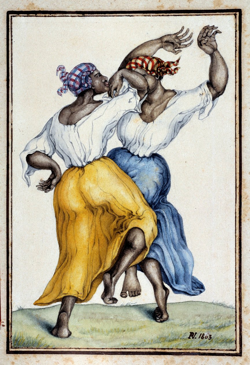 Táncosok az Antillákon. Metszet a 19. századból. Chartres, Musee des Beaux Arts alkotó: French School