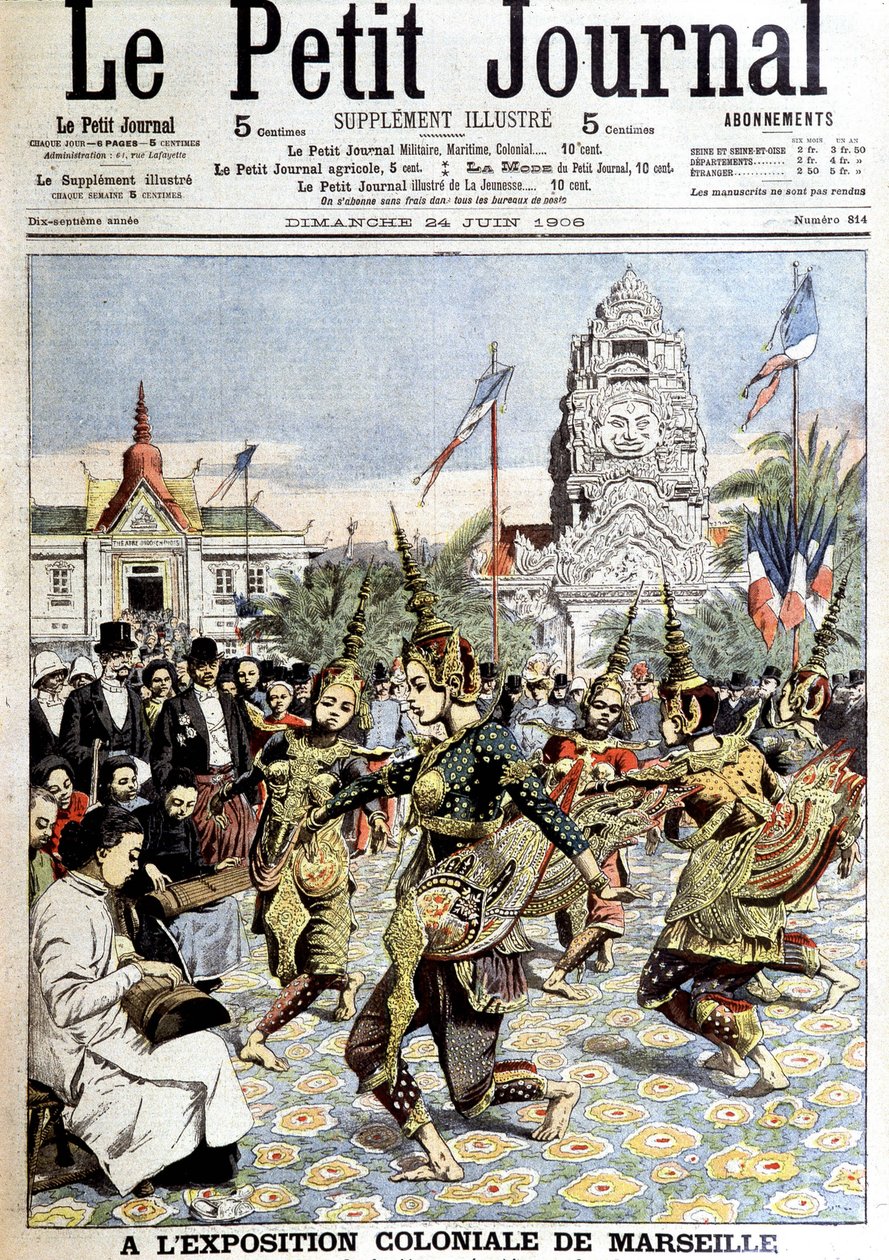 Sisowath király táncosai, akik nimfák táncát adják elő az erdőben, a marseille-i gyarmati kiállításon. A "" Le petit Journal"-ban, 1906. 06. 24-én (metszet) alkotó: French School