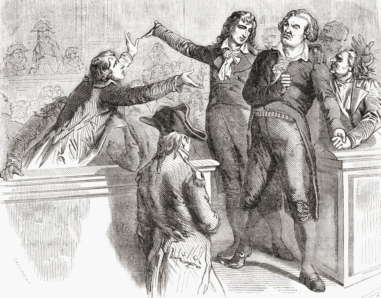 Danton és Desmoulins az 1794. március 30-i egyezmény előtt védekezik Louis Blanc (1811-82) 1847-62 „Histoire de la Revolution Francaise” című művéből. alkotó: French School
