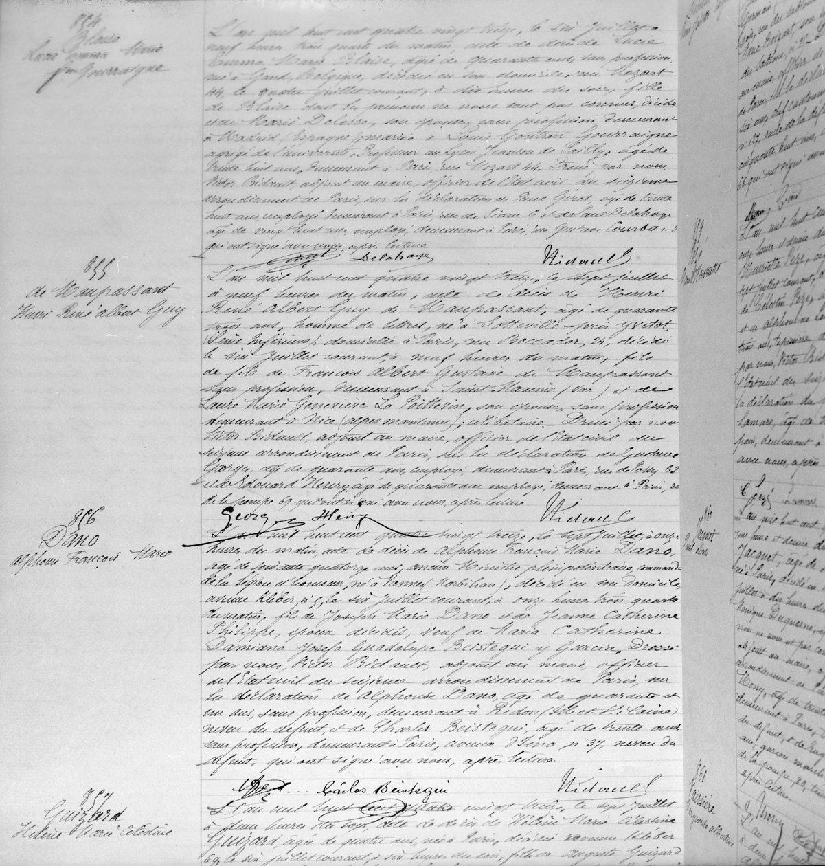 Guy de Maupassant (1850-93) halotti anyakönyvi kivonata, 1893. július 7. (toll és tinta papíron) (részlet) (lásd még: 199747) alkotó: French School