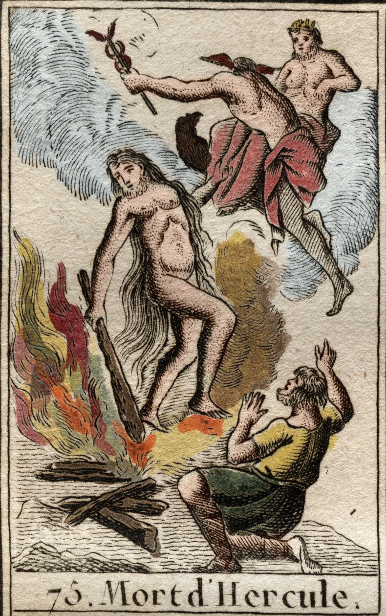 Herkules (Héraklész) halála és apoteózisa Pierre Blanchard „Mythologie de la jeunesse” című művéből, 1803. alkotó: French School