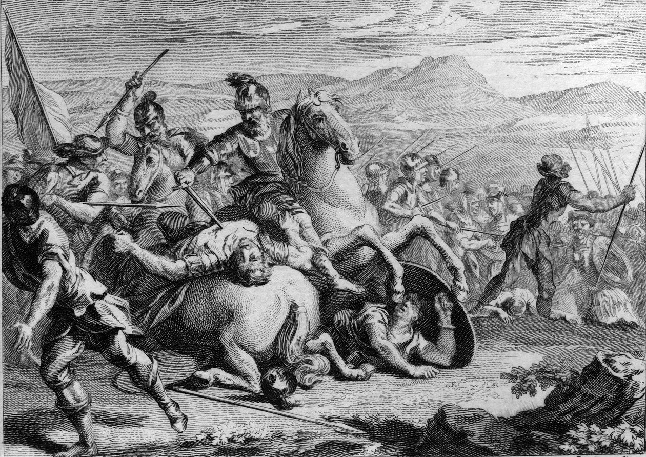 II. Alarik halála, 507: I. Clovis (465-511), a frankok királya, megölte II. Alarik (484-507), a vizigótok királyát az 507-es vouille-i csatában. 18. századi metszet. alkotó: French School