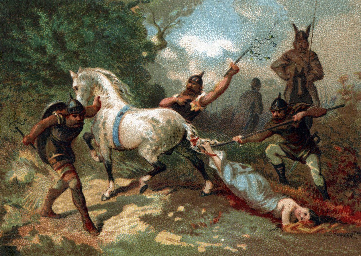 Brunehaut (vagy Brunehilde) halála (egy fékezhetetlen ló farkához kötve) II. Clotaire parancsa (613). Kromolitográfia a 19. század végén. alkotó: French School