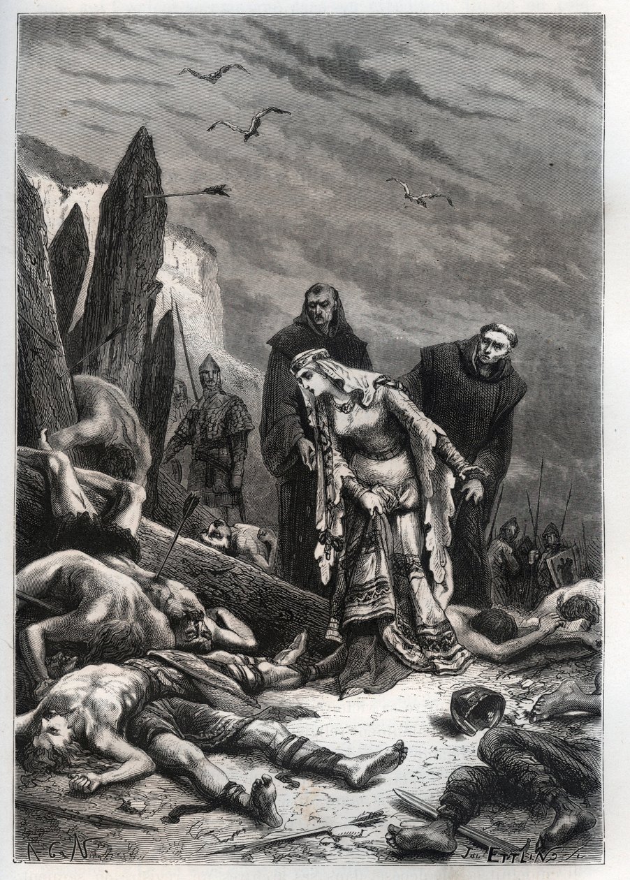 II. Harold király (1022-1066) halála a hastingsi csatában 1066-ban – Edith Swannesha (Swanneck), akit Edith la Juste-ként (1025-1086) ismernek, felfedezi férje, Ealdgyth (Szép Edit vagy Edith Swanneschal) holttestét. , felfedezve Harold Godwi holttestét alkotó: French School