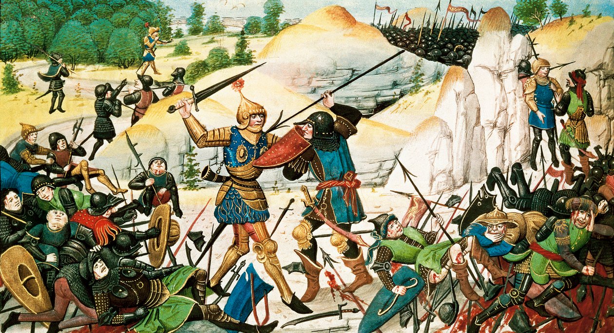 Roland lovag, Nagy Károly unokaöccse halála a roncevaux-i csatában (778) Nagy Károly fegyverei és a szaracénok között. 14. századi miniatűr. alkotó: French School