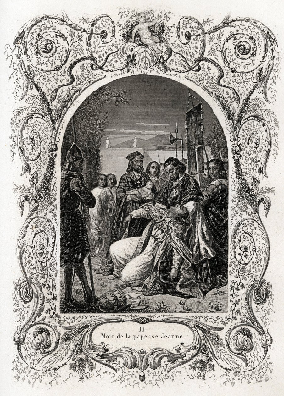 Jeanne pápa halála (pápasága 855-től 858-ig tartott). Maurice Lachatre (1814-1900) Histoire des pápák történetét illusztráló metszete, librairie du progres, Párizs. alkotó: French School