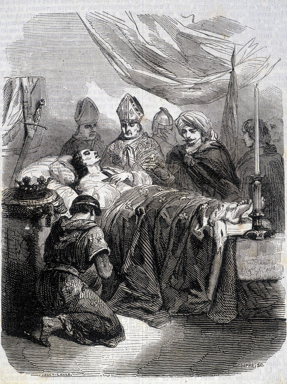 Szent Lajos halála Palesztinában 1270-ben – L.-P. „” Histoire de France” című könyvében. Anquetil alkotó: French School