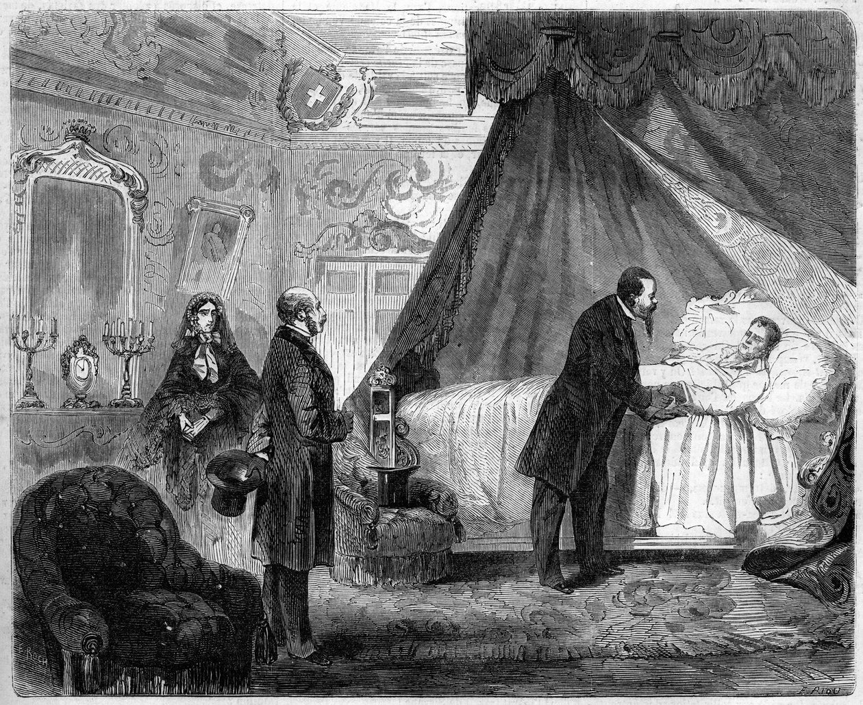 Cavour grófjának halála, 1861. június 6.: II. Victor Emmanuel (Victor-Emmanuel) (Vittorio Emanuele) (1820-1878) olasz király meglátogatta Camillo Bensót, Cavour grófját (1810-1861) a halála előtti napon. Metszet a „” Le Monde Illustré”” 218. számában, júni alkotó: French School