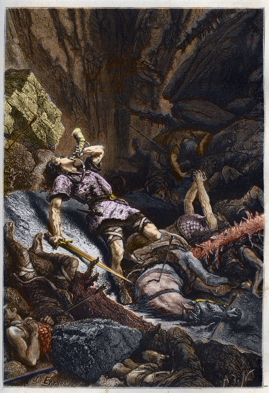 Roland lovag halála, Nagy Károly unokaöccse a roncevaux-i csatában (778), a nagykárolyi armeával és a szaracénokkal szemben - Roland halála a Roncesvaux Pass-i csatában, 778 - metszet a „” L