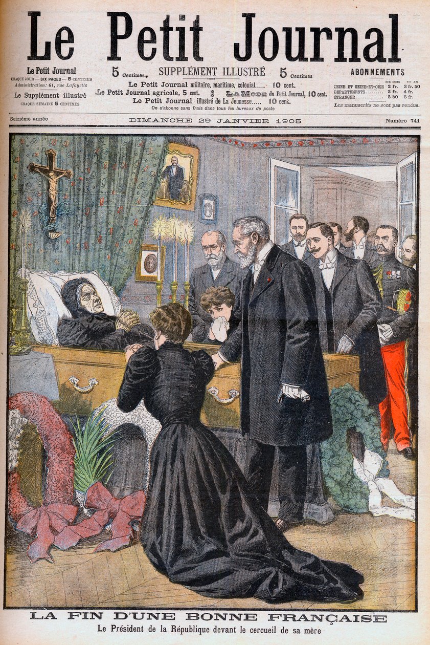 Loubet francia elnök édesanyja meghalt. Egy jó francia nő vége. A köztársasági elnök anyja koporsója előtt. Illusztráció a Le Petit Journal számára, 1905. január 29. (metszet) alkotó: French School