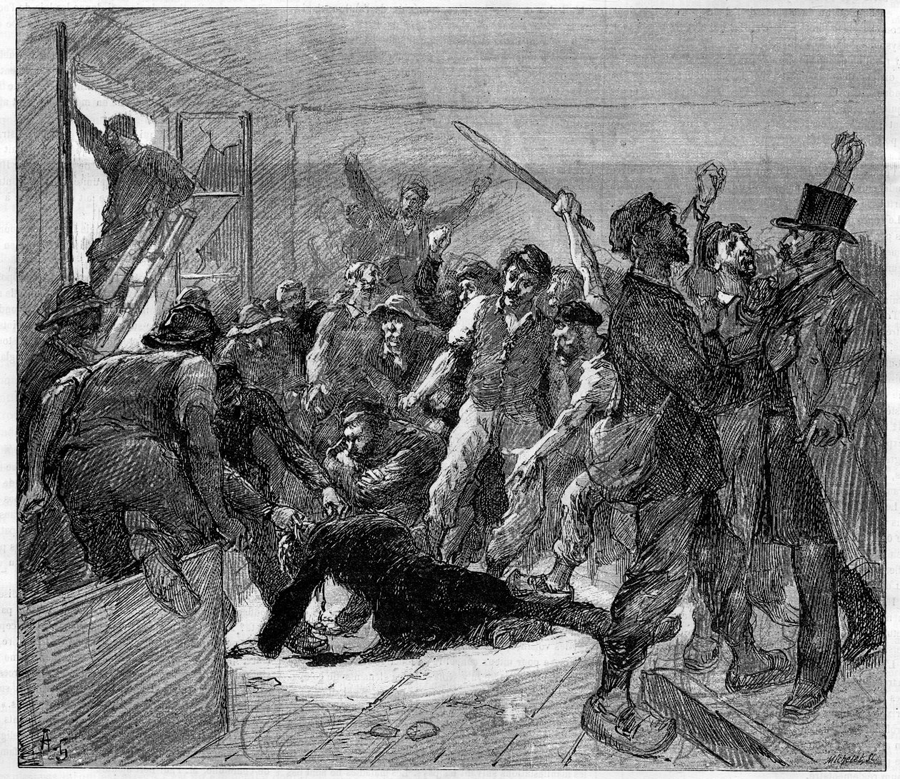 1886-ban sztrájkolnak a decazeville-i (Aveyron) bányászok: Watrin mérnököt meggyilkolták a Grevisták. Metszet a „Le Monde Illustré”-ben, 1886. február 6. alkotó: French School