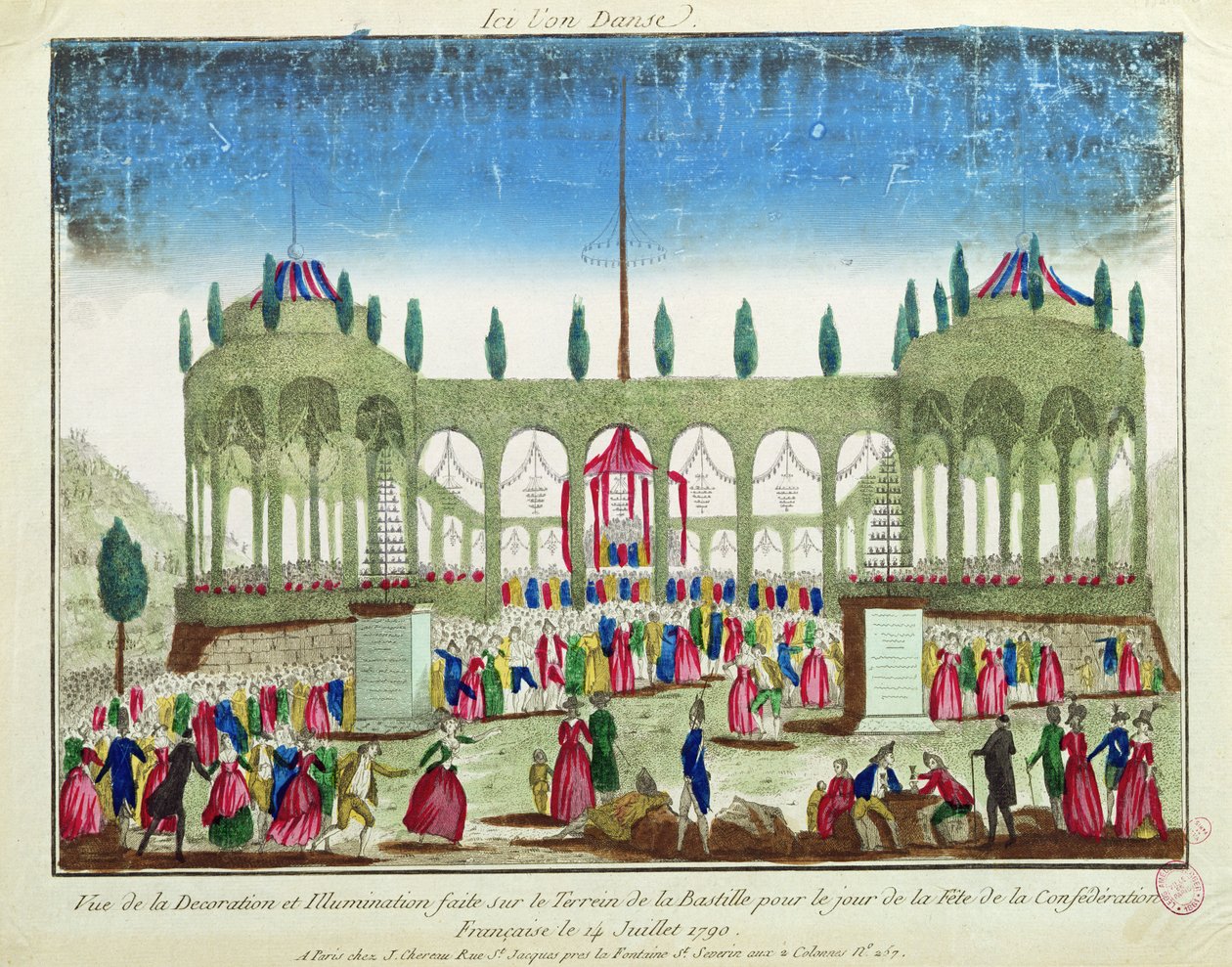 A Bastille feldíszítése és megvilágítása a Szövetségi Fesztivál alkalmából, 1790. július 14. alkotó: French School