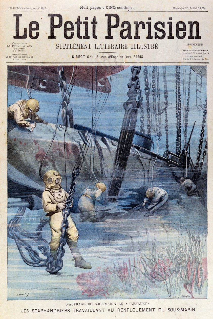 Mélytengeri búvárok, akik megpróbálják felemelni a Farfadet, a Le Petit Parisienből, 1905. július 23. alkotó: French School