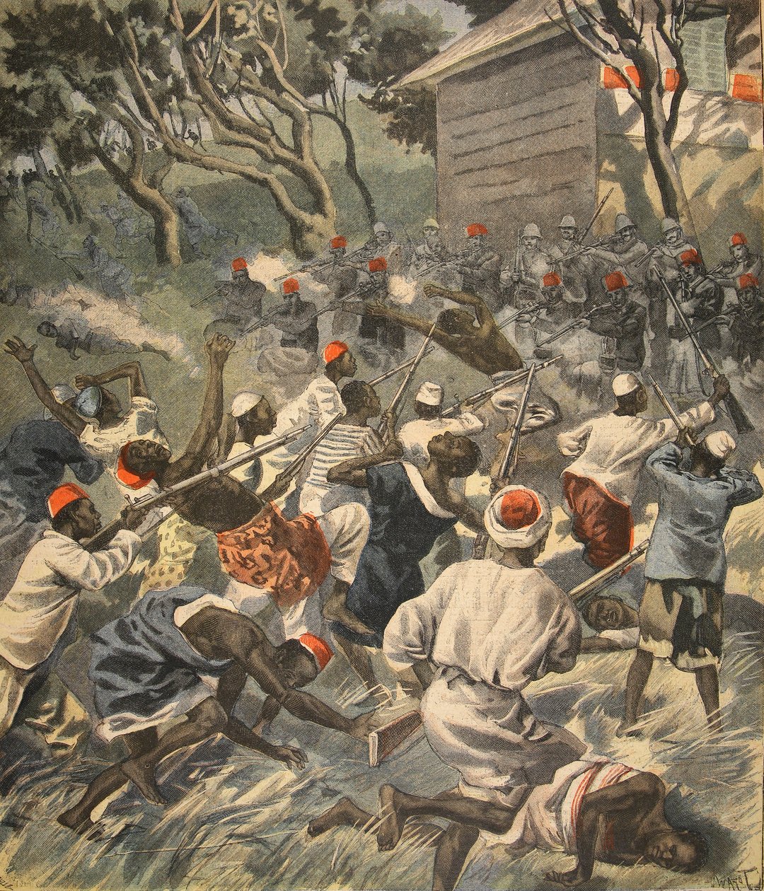 A Sakalava nép legyőzése, Madagaszkár, illusztráció a Le Petit Journal: Supplement illustre, 1898. április 3. alkotó: French School