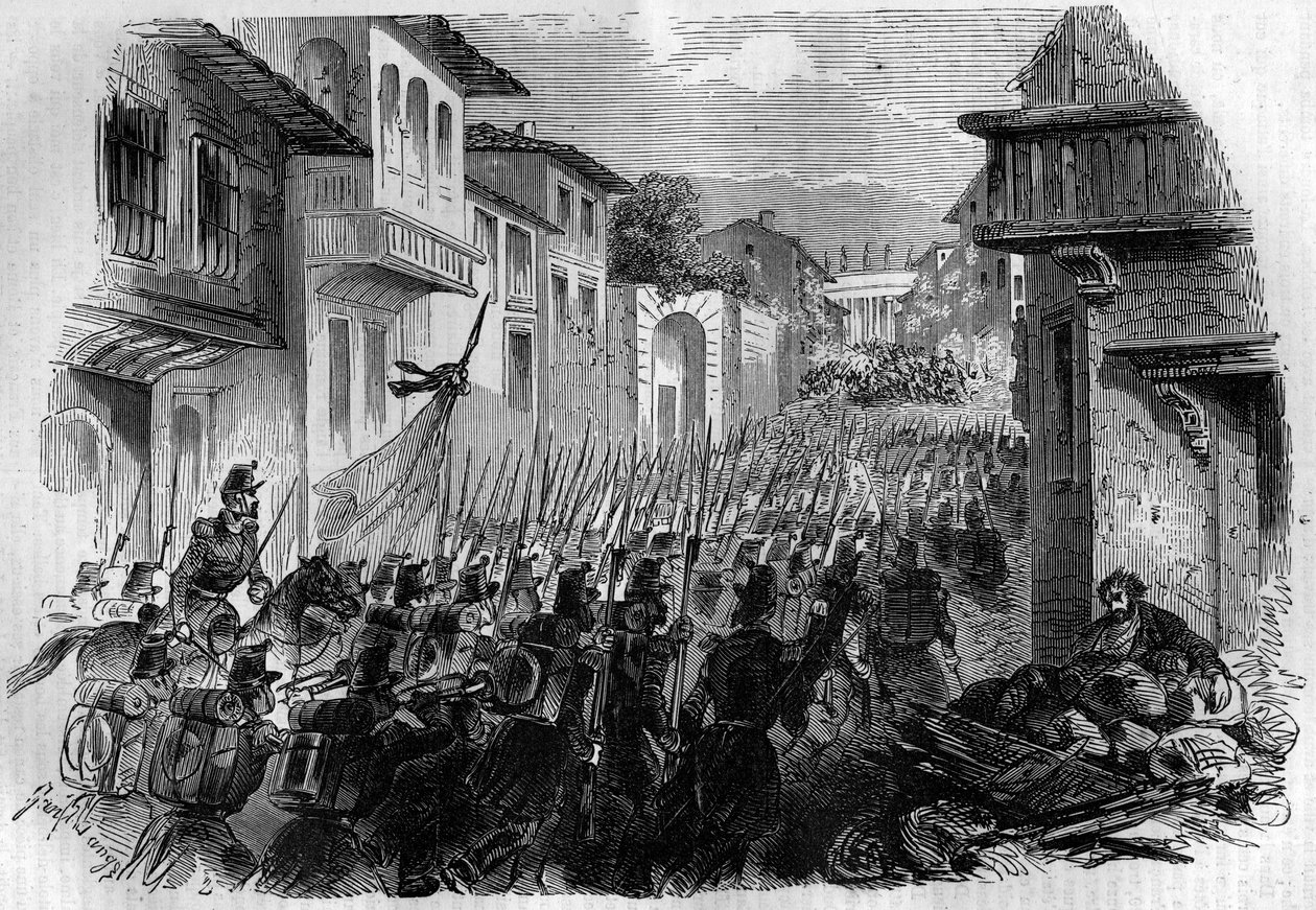 Róma védelme a francia hadsereggel szemben. Oudinot tábornok 1849. június 30-án elfoglalta Rómát a janiculei csatában, és júliusban üldözte a forradalmárokat, hogy válaszoljon IX. Pius pápának. Vésett „Histoire des Papes-Rois-Queen and Empereurs a travers  alkotó: French School