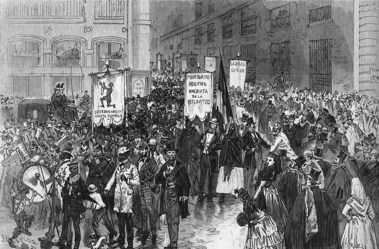 Tüntetés Madridban 1873-ban a rabszolgaság eltörléséért a spanyol gyarmatokon. alkotó: French School