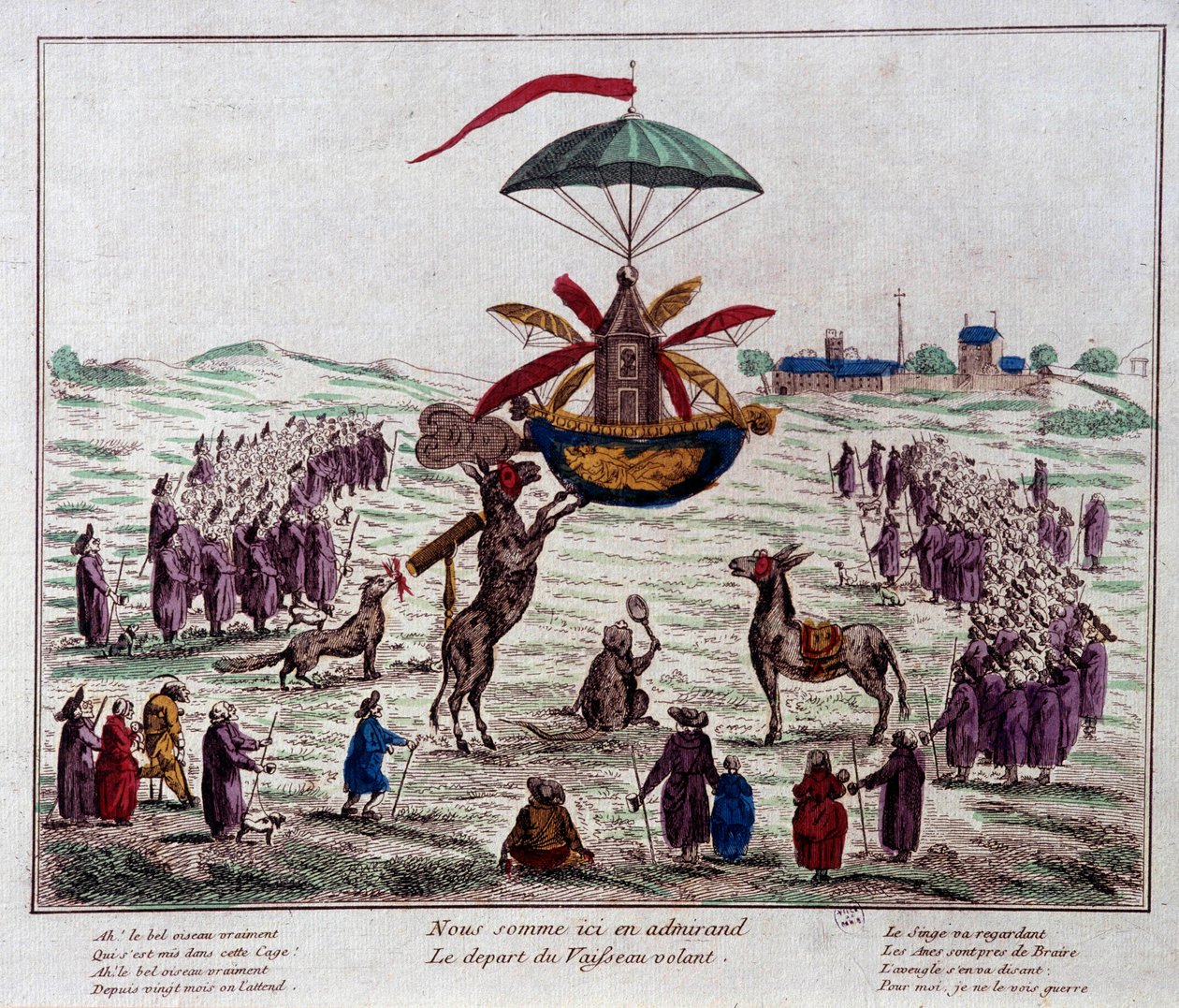 A szatírrepülő hajó indulása a Jean-Pierre Blanchard (1753-1809) által elképzelt repülőgépen: szamarak, majmok és vak nézik a furcsa, hat szárnnyal és kormánylapáttal felszerelt gépet. Metszet a 18. század végéről. Párizs, Musee Carn alkotó: French School