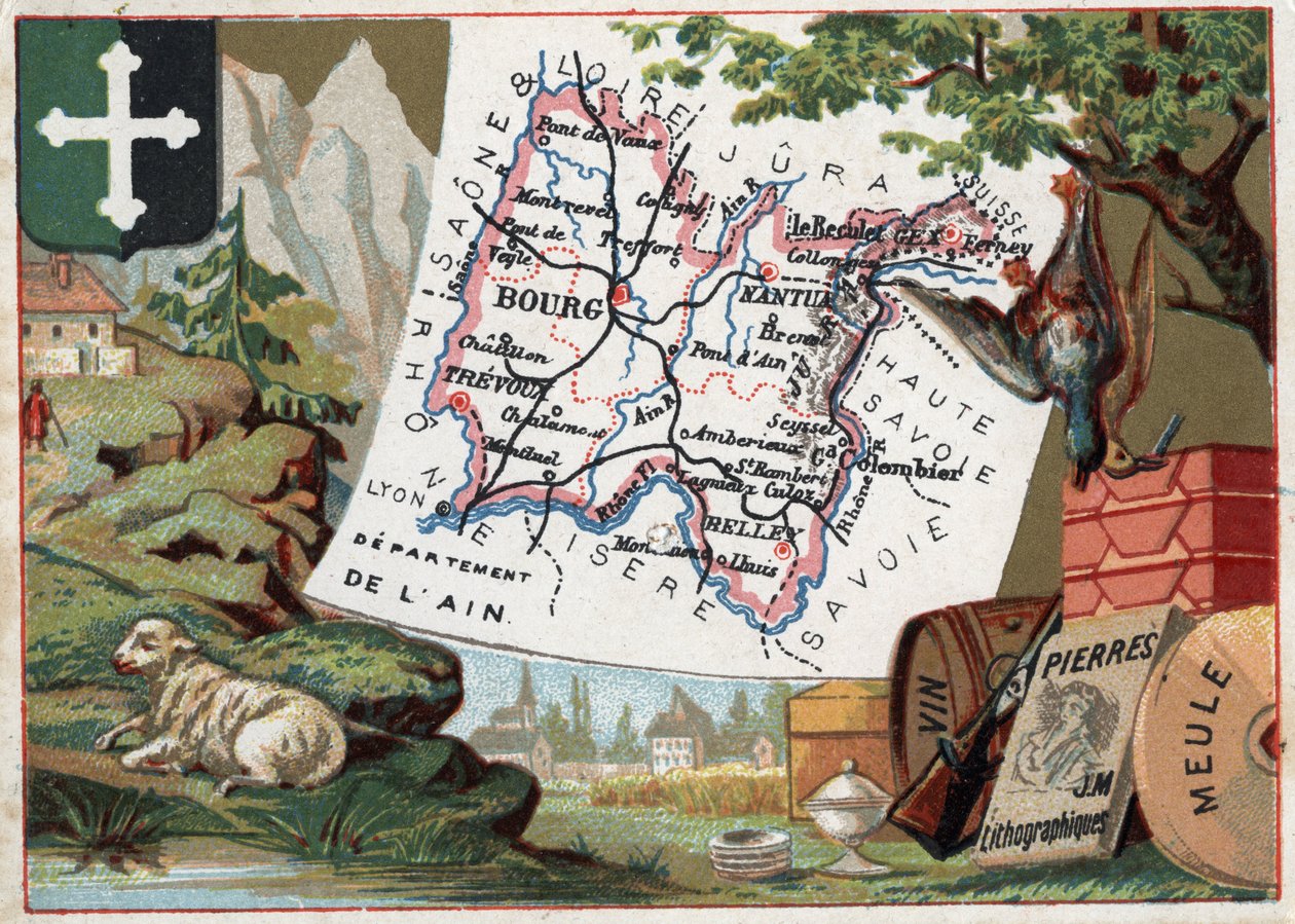 Department of Ain (01), Rhone-Alpes (Rhone Alpes), Franciaország. Helyi specialitás: tenyésztés, vadászat, bor, köszörűkorong és litográfia. Sorozat a francia minisztériumokról. Kromolitográfia (Chromo) „” a földrajzi szál””, 1920 körül. Magángyűjtemény. alkotó: French School