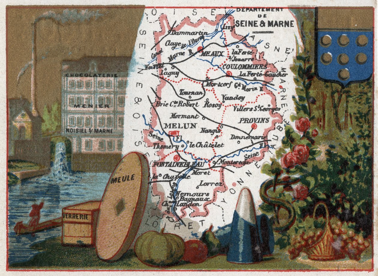 Szajna és Marne megye (Seine-Et-Marne, 77), Ile de France (Ile-De-France), Franciaország. Helyi specialitás: csokoládégyár Menier chocolaterie Noisiel sur Marne-ban (Noisiel-sur-Marne), üvegáru, malomkő. Sorozat a francia minisztériumokról. Chromolitho alkotó: French School