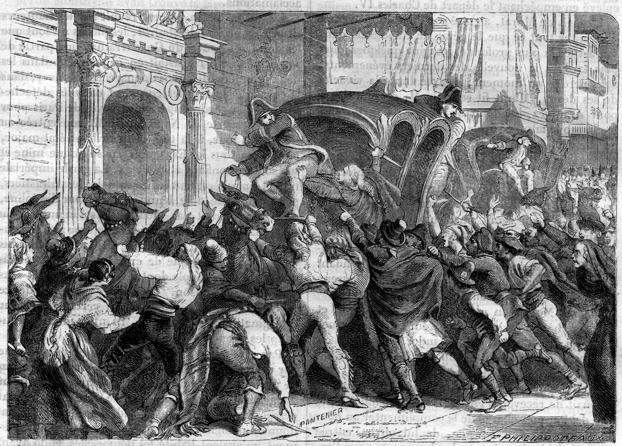 VII. Ferdinánd király távozása Bayonne-ba 1808 (Bajonne lemondatása) - Indulás a Bayonne-i interjúra (1808) - A spanyolországi Vittoriában élők meg akarják akadályozni VII. Ferdinánd Bayonne-i távozását - a „” A birodalom története a következő években h alkotó: French School