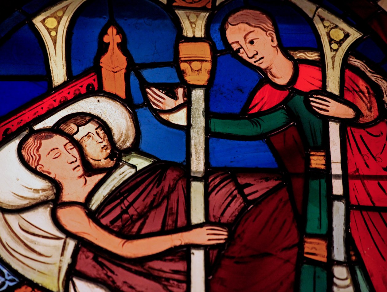 Egy szolgálót ábrázolva belép Tobias és Sarahs szobájába, az ex Ste Chapelle, Bay E alkotó: French School