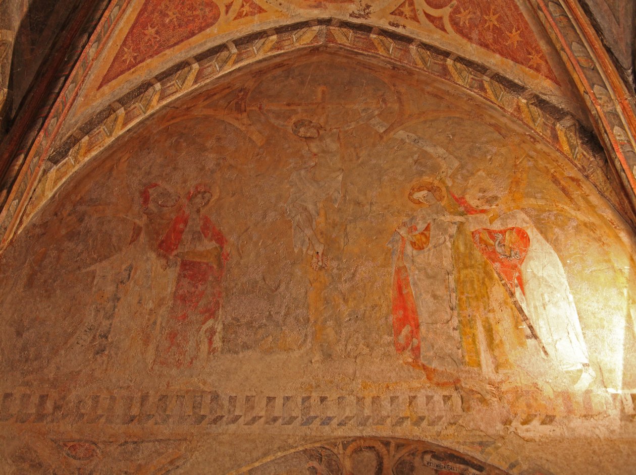 A keresztre feszítést ábrázolja Máriával és Szent Jánossal alkotó: French School
