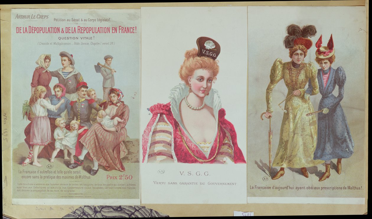 Elnéptelenedés és újranépesedés Franciaországban, Arthur Le Creps füzete a malthusianizmus ellen, 1895 (színes metszet) alkotó: French School