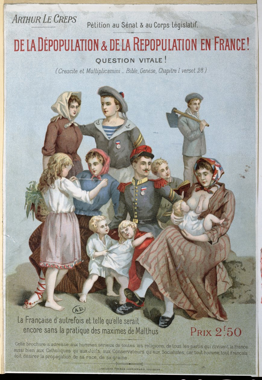 Elnéptelenedés és újranépesedés Franciaországban, Arthur Le Creps füzete a malthusianizmus ellen, 1895 (színes metszet) alkotó: French School