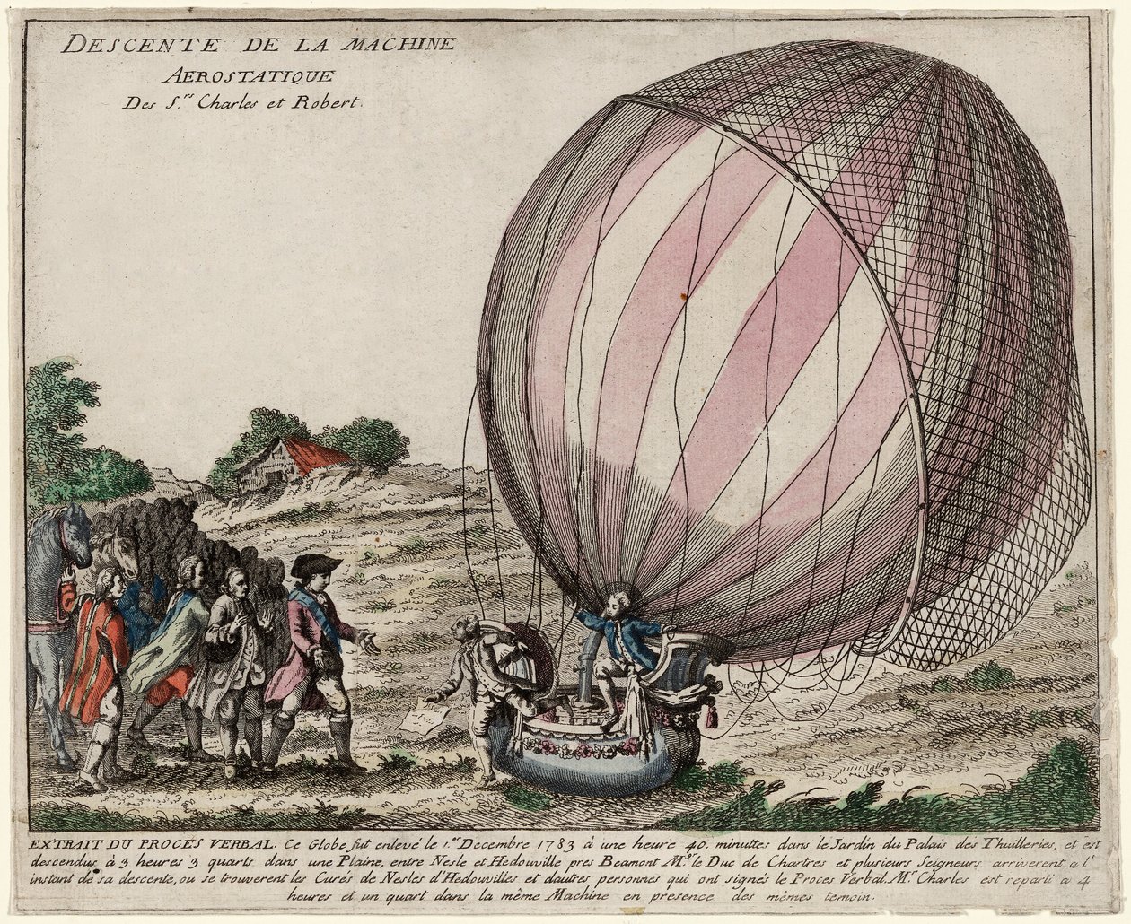 Az Srs aerosztatikus gépének leszármazása Charles és Robert, kocsma. 1783 (kézzel színezett metszet) alkotó: French School