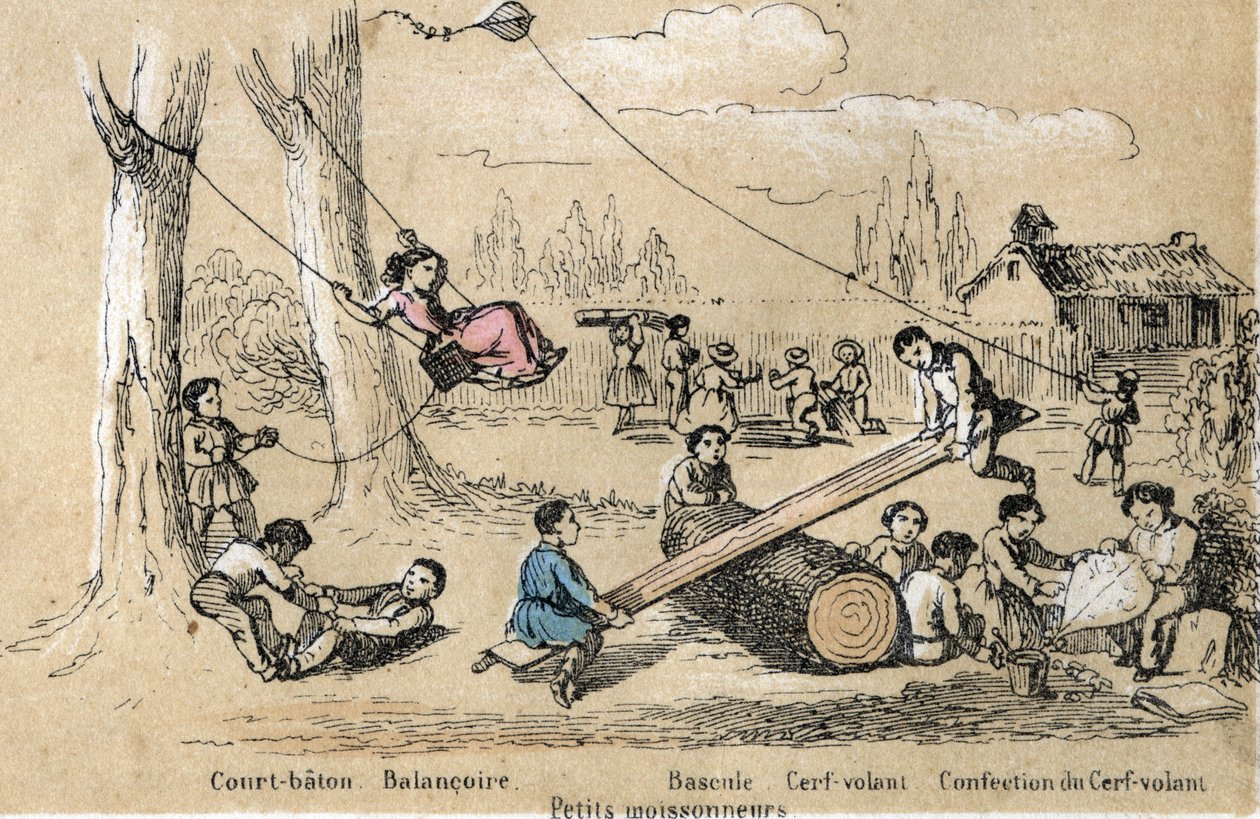 A gyermekek szabadidős tevékenységeinek, játékainak leírása: szabadtéri játékok, rövidbot, hinta, ringató (fenékütögető) és sárkánykészítés (sárkányrepülő). „” les jeux de l