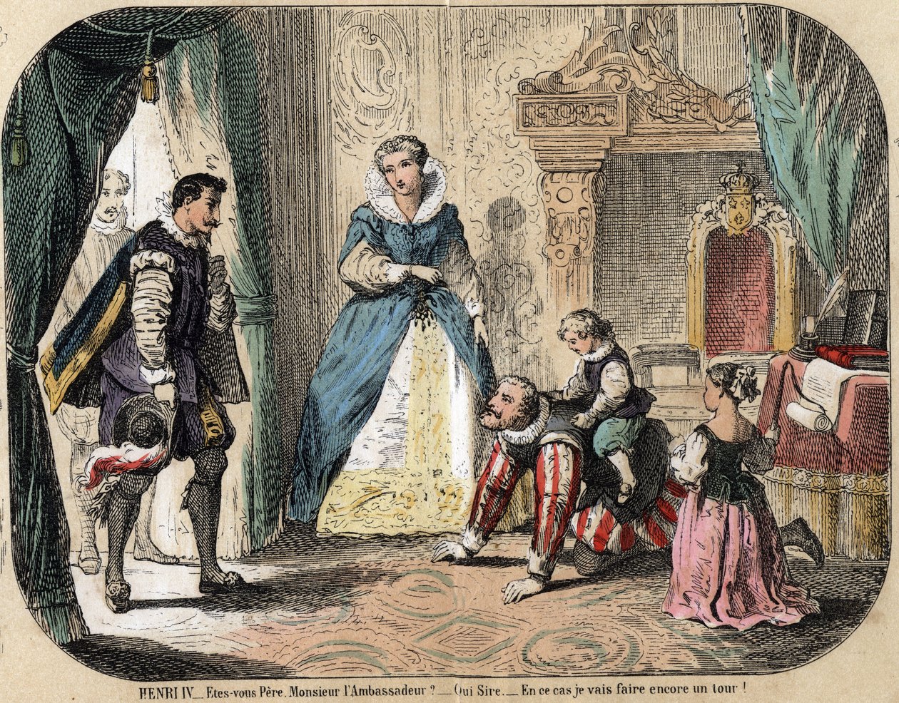 A gyerekek szabadidő- és játékleírása: IV. Henrik francia király (1553-1610) gyermekeivel (valószínűleg XIII. Lajossal és Franciaország Erzsébettel) játszik a spanyol nagykövet előtt. Medicis Mária királyné jelen van. Lemez „” les jeux de l