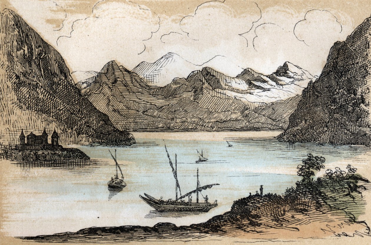 A különböző tájtípusok és domborművek földrajzi leírása: Genfi-tavat ábrázoló részlet. „” Physical Geography”” tábla a „” les Recreations instructives”-ban” Jules DELBRUCK szinoptikus festménye, metszet 1860-ból. Magángyűjtemények alkotó: French School