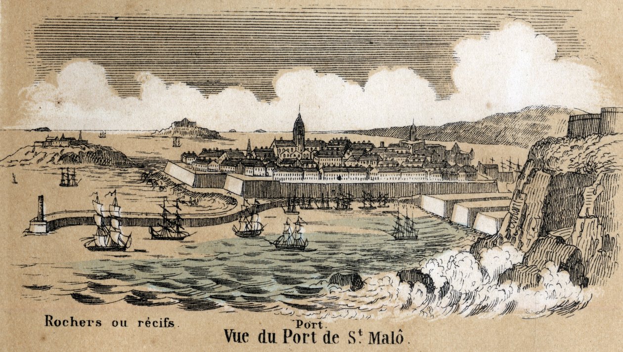 A tájak és domborművek különböző típusainak leírása földrajzi viszonyok szerint: a bretagne-i Saint Malo (Saint-Malo) kikötőt ábrázoló részlet. „Physical Geography” tábla a „” les Recreations instructives”-ban” Jules DELBRUCK szinoptikus festménye, e alkotó: French School