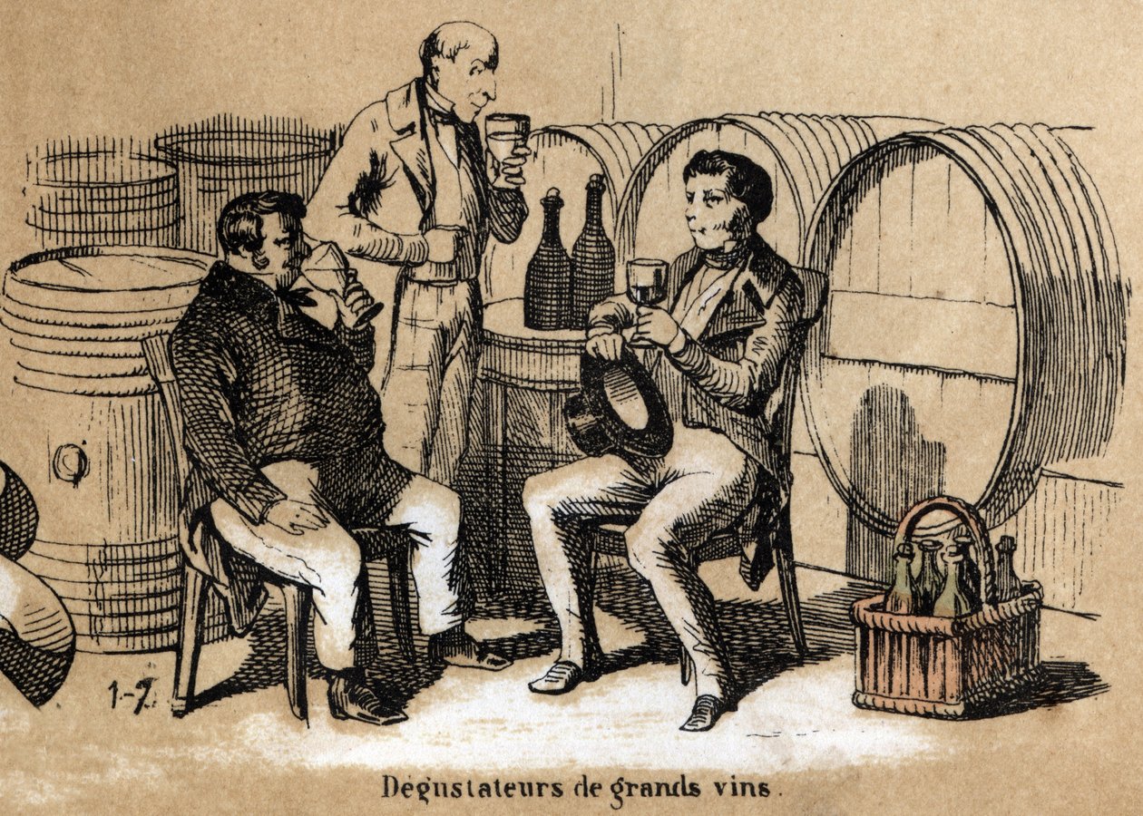 Az öt érzékszerv leírása: ízrészletek, finom borok kóstolói a pince fejlesztõ ízvilágú kóstolóinál. "" Les cinq sens"" tábla in "" les Recreations instructives"" Jules Delbruck szinoptikus festménye, metszet 1860-ból. Pri alkotó: French School