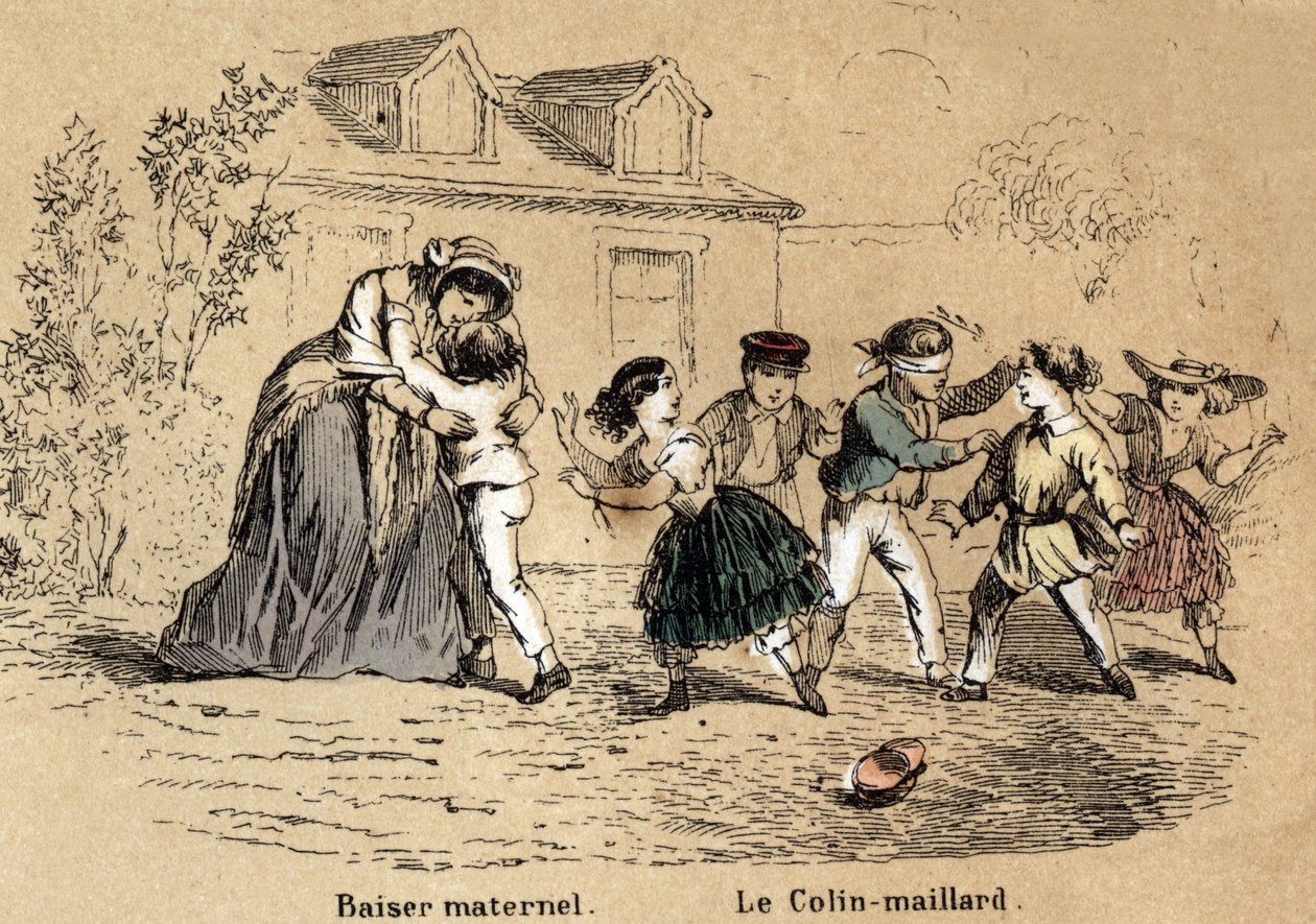 Az öt érzékszerv leírása: az érintés, a gyermekét átölelő anya az anyai kapcsolatért és a collin-aillard játéka. „” Les cinq sens”” tábla a „” les Recreations instructives”-ban” Jules Delbruck szinoptikus festménye, metszet 1860-ból. Magánszemély alkotó: French School