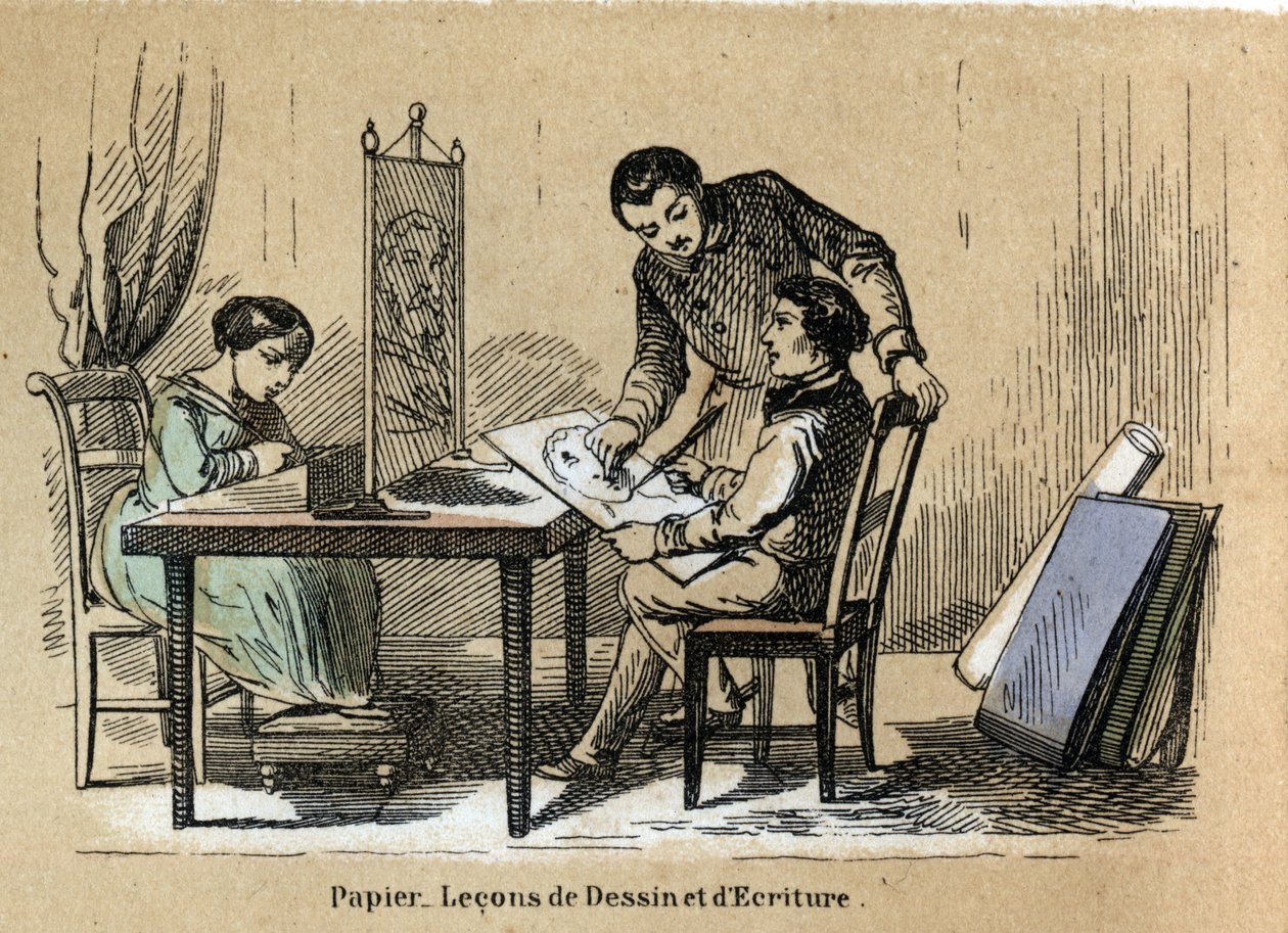 A különböző termékek és papírhasználat leírása: rajz- és írópálya. „” Le papier et ses produits”” tábla in „” les Recreations instructives”” Jules Delbruck szinoptikás festménye, metszet 1860-ból. Magángyűjtemény. alkotó: French School