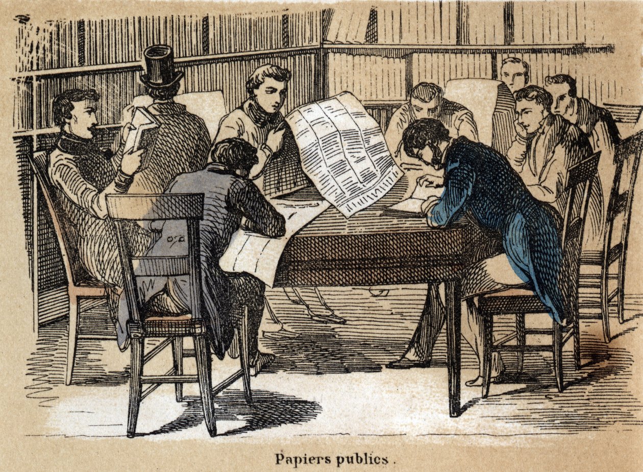 A különböző termékek és papírfelhasználások leírása: közlapok (újságok) olvasása. „” Le papier et ses produits”” tábla in „” les Recreations instructives”” Jules Delbruck szinoptikás festménye, metszet 1860-ból. Magángyűjtemény. alkotó: French School