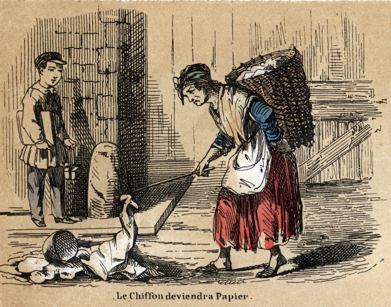 A különböző termékek és papírfelhasználások leírása: régi rongyok gyűjteménye, amelyekből a papír származik. „” Le papier et ses produits”” tábla in „” les Recreations instructives”” Jules Delbruck szinoptikus festménye, metszet 1860-ból. Magánszemély alkotó: French School
