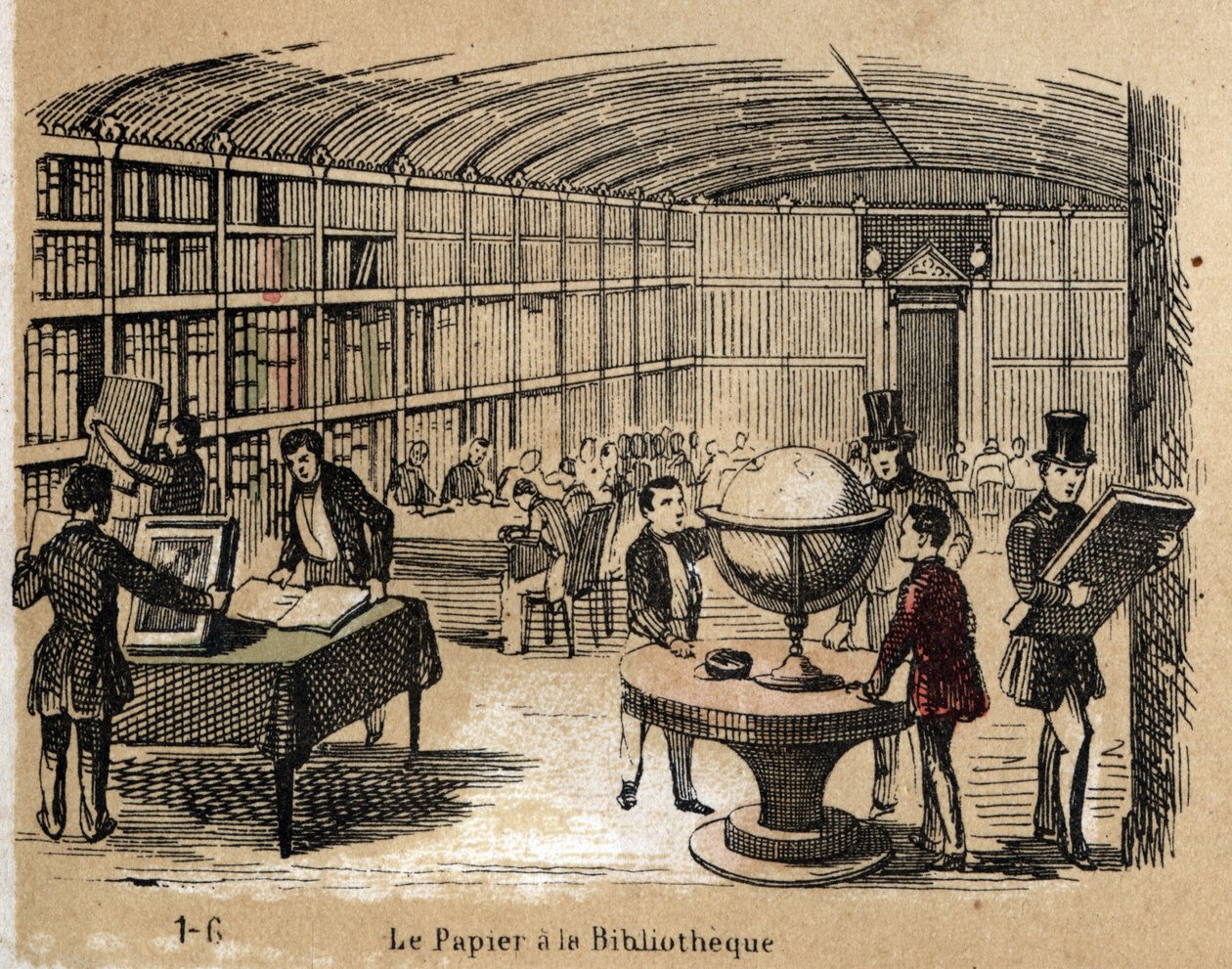 A különböző termékek és papírfelhasználások leírása: papírmunkákat tartalmazó könyvtár képe. „” Le papier et ses produits”” tábla in „” les Recreations instructives”” Jules Delbruck szinoptikás festménye, metszet 1860-ból. Magángyűjtemény. alkotó: French School
