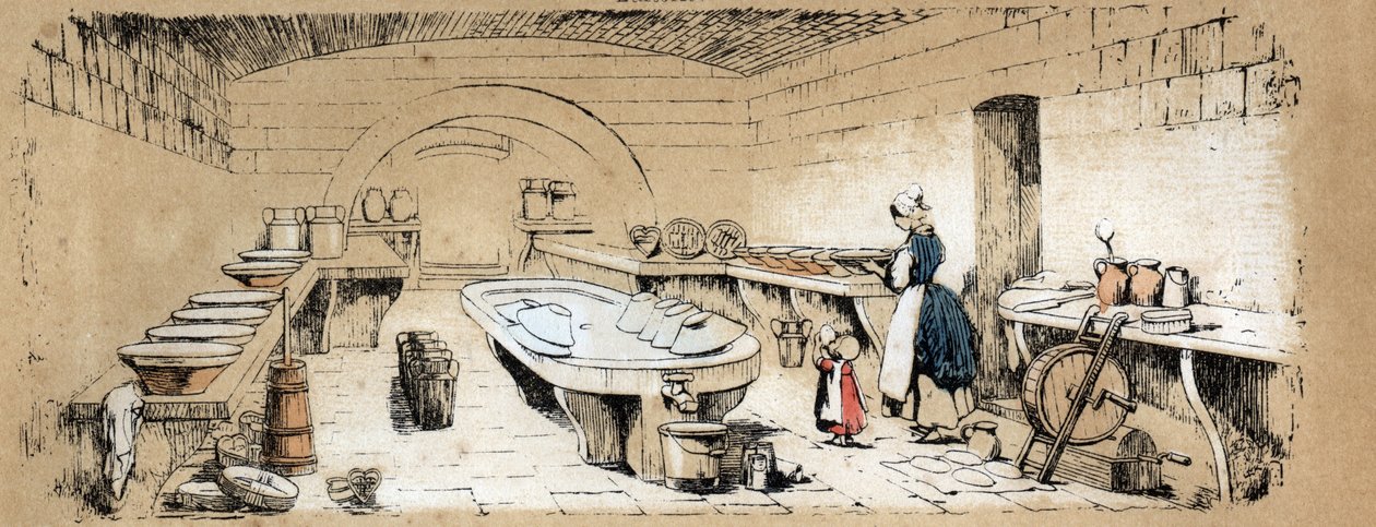 A különböző termékek és a tehén felhasználási módjainak leírása: egy sajtkészítő tejüzem képe. „” La coache et ses produits”” tábla in „” les Recreations instructives”” Jules DELBRUCK szinoptikus festménye, metszet 1860-ból. Magángyűjtemény. alkotó: French School