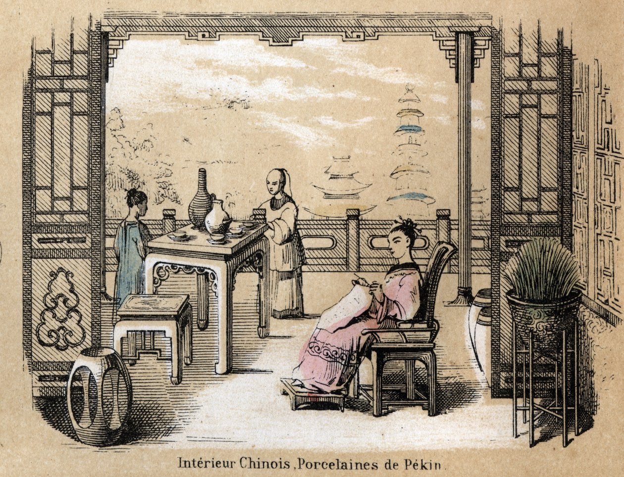 Az agyag gyártási és felhasználási szakaszainak leírása: kínai enteriőr pekini porcelánnal. "" Az agyag és termékei" tábla a "" Les Recreations instructives" -ban" Jules DELBRUCK szinoptikus festménye, metszet 1860-ból. Magángyűjtemények alkotó: French School