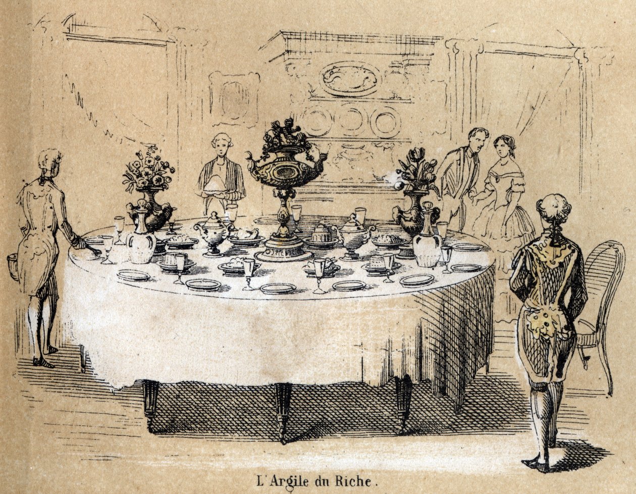 Az agyag gyártási és felhasználási szakaszainak leírása: agyag felhasználása gazdag belső terekben, asztal porcelán étkészlettel. "" Az agyag és termékei" tábla a "" Les Recreations instructives" -ban" Jules DELBRUCK szinoptikus festménye, metszet alkotó: French School