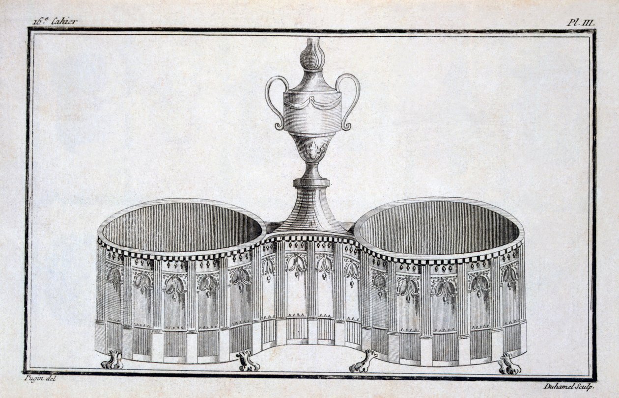 Pugin tervezése, Duhamel által összeállított neoklasszikus fémmegmunkálási minták mintakönyvéből, az 1770-es és 80-as évek körül alkotó: French School