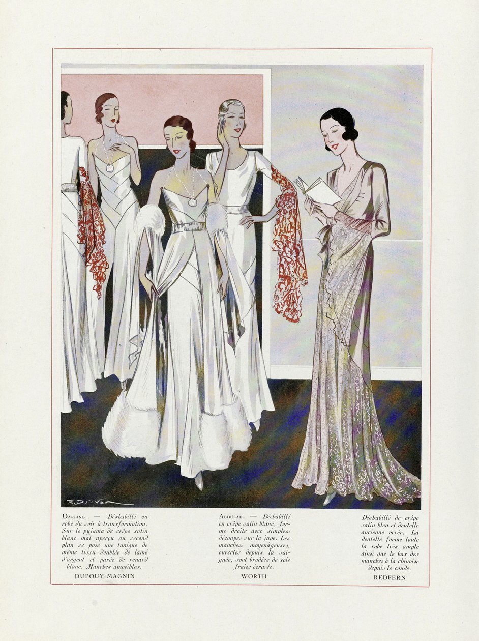 Estélyi ruhák tervezése Depouy-Magnin, Worth és Redfern által, Art, Gout, Beaute, pub. 1931 (színes litográfia) alkotó: French School