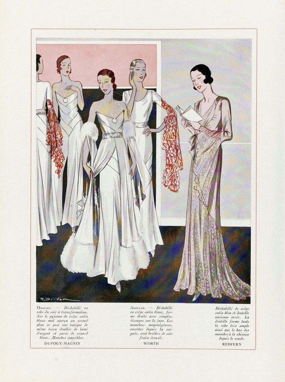 Design for Evening Dress by Depouy-Magnin, Worth és Redfern, pub. 1931-es színes litográfia. alkotó: French School
