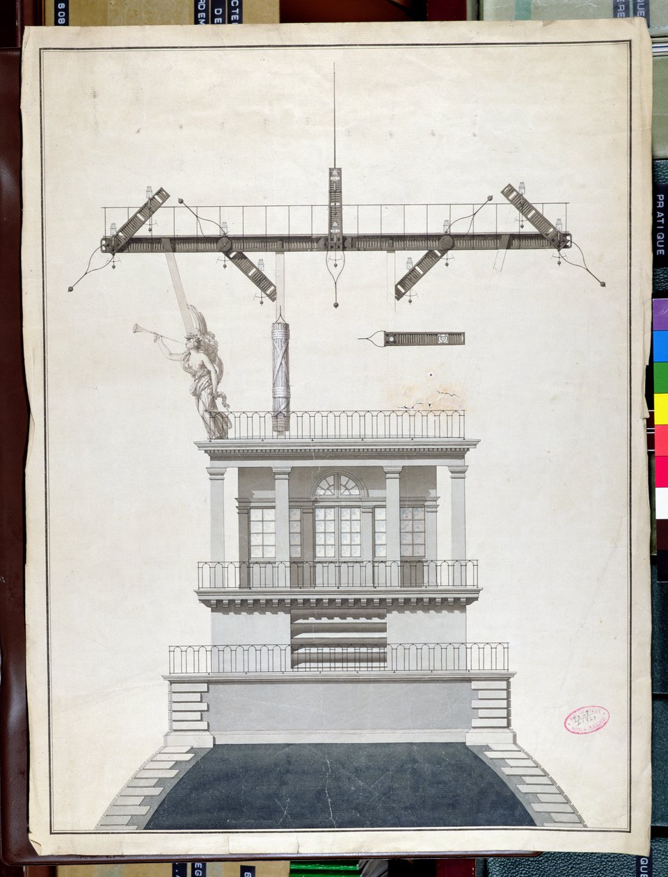 Chappe távíróállomás tervezése a Louvre egyik kupolájához, Párizs, 19. század eleje (toll, tinta és WC papíron) alkotó: French School