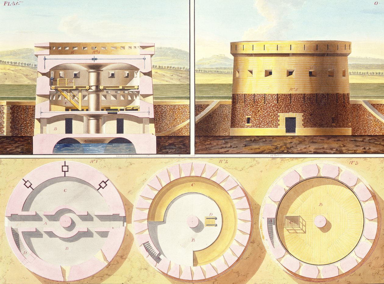 Tervezés egy erődítményhez Párizs külvárosában – a központi torony perspektivikus nézete, metszete és három alaprajza, 1813 körül (wc, toll és színes tinta ceruzával papíron) (lásd még: 273040) alkotó: French School