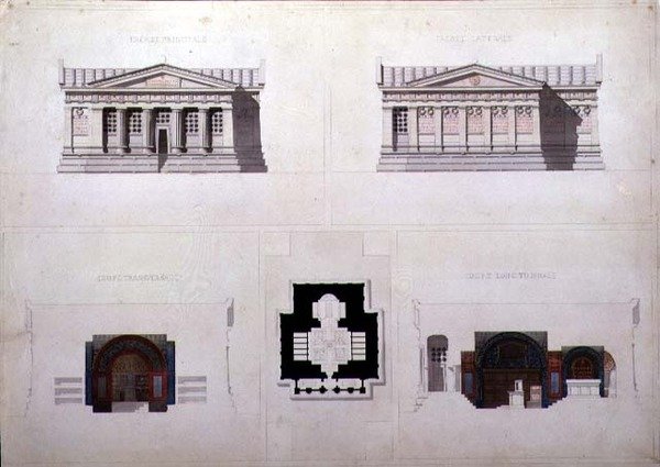 Terv görög újkori stílusú mauzóleumhoz, 1835 körül (toll és tinta, akvarell, papír) alkotó: French School