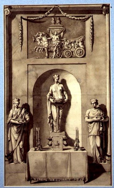 Terv egy szoborfülke Apollónt és szekerét ábrázoló alkóvhoz, 1760 körül (akvarell, papír) alkotó: French School