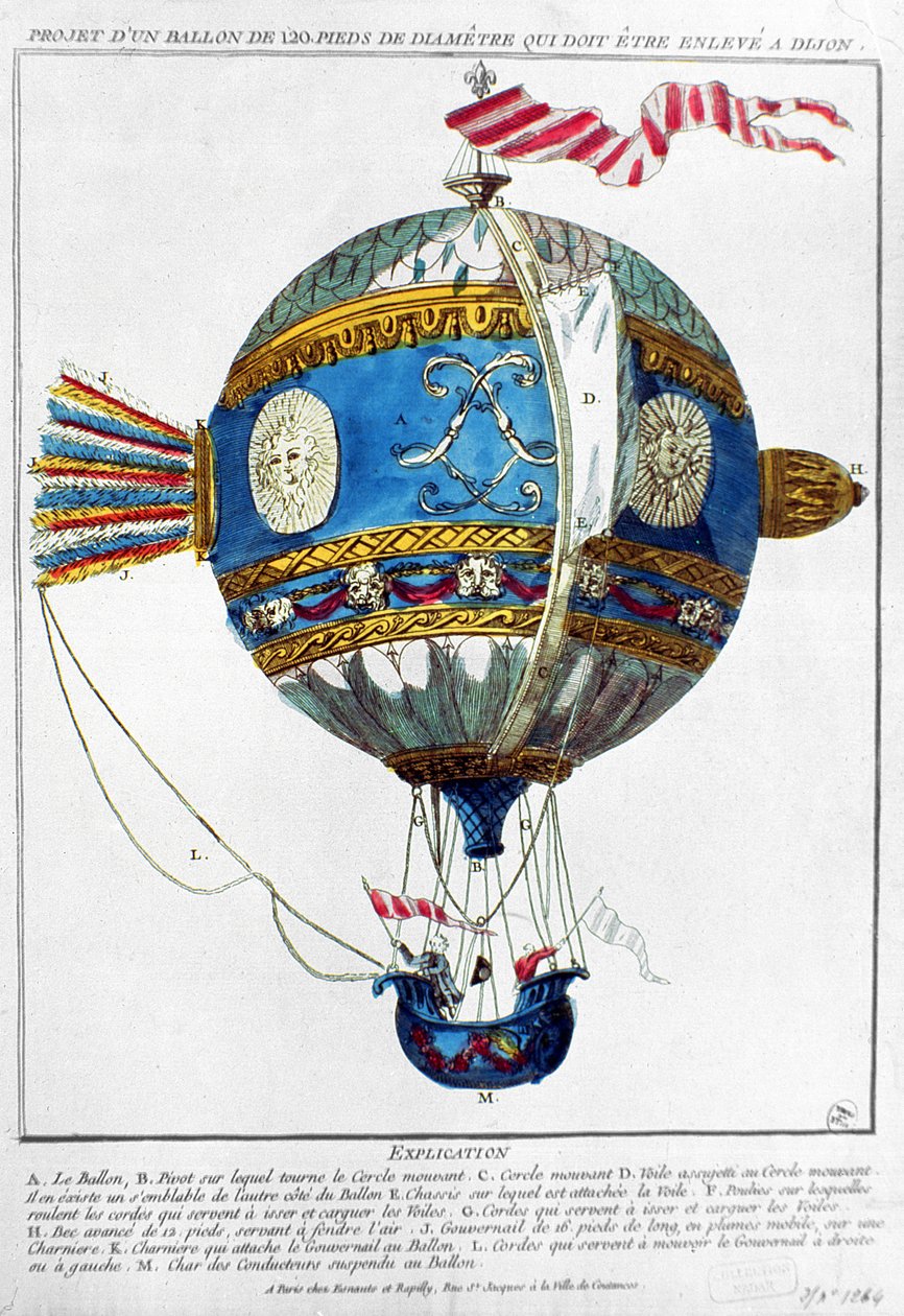 Tervezés egy 120 láb átmérőjű hőlégballonhoz Dijonban, 1784 körül (színes gravírozás) alkotó: French School